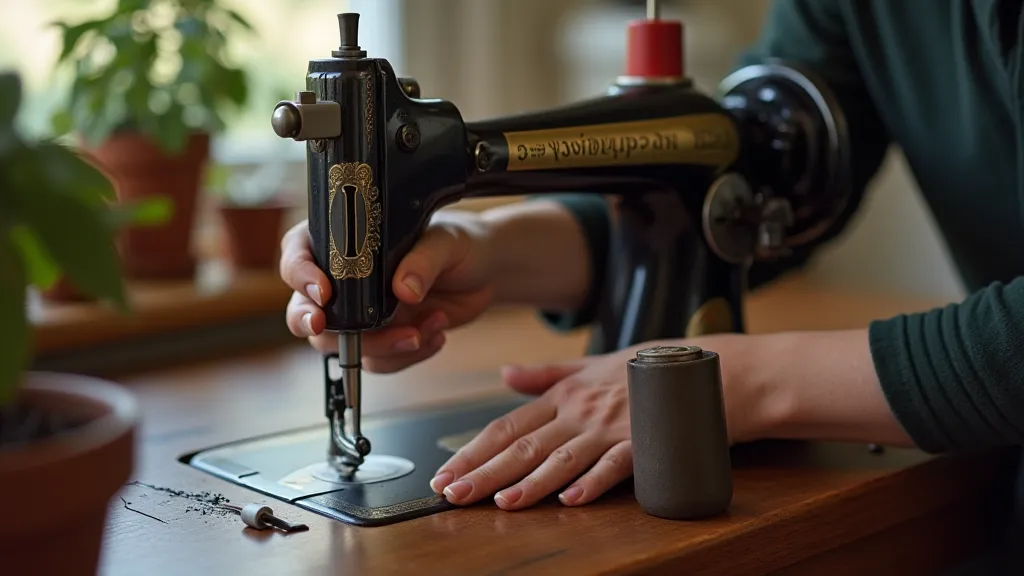 Person lubricating a vintage Singer machine
