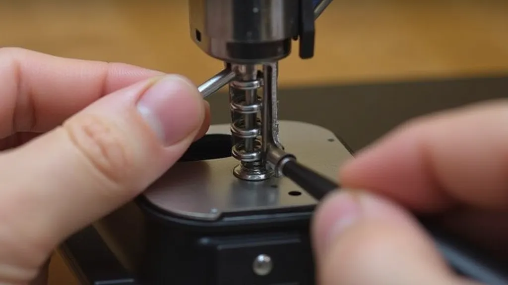 Hand releasing the spring on the Singer 16 bobbin case